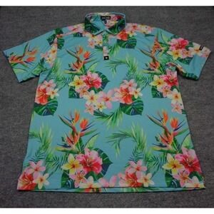 Bad Birdie Polo Shirt Men 2XL Blue Pink Floral AOP Athletic Fit Golf Collar XXL